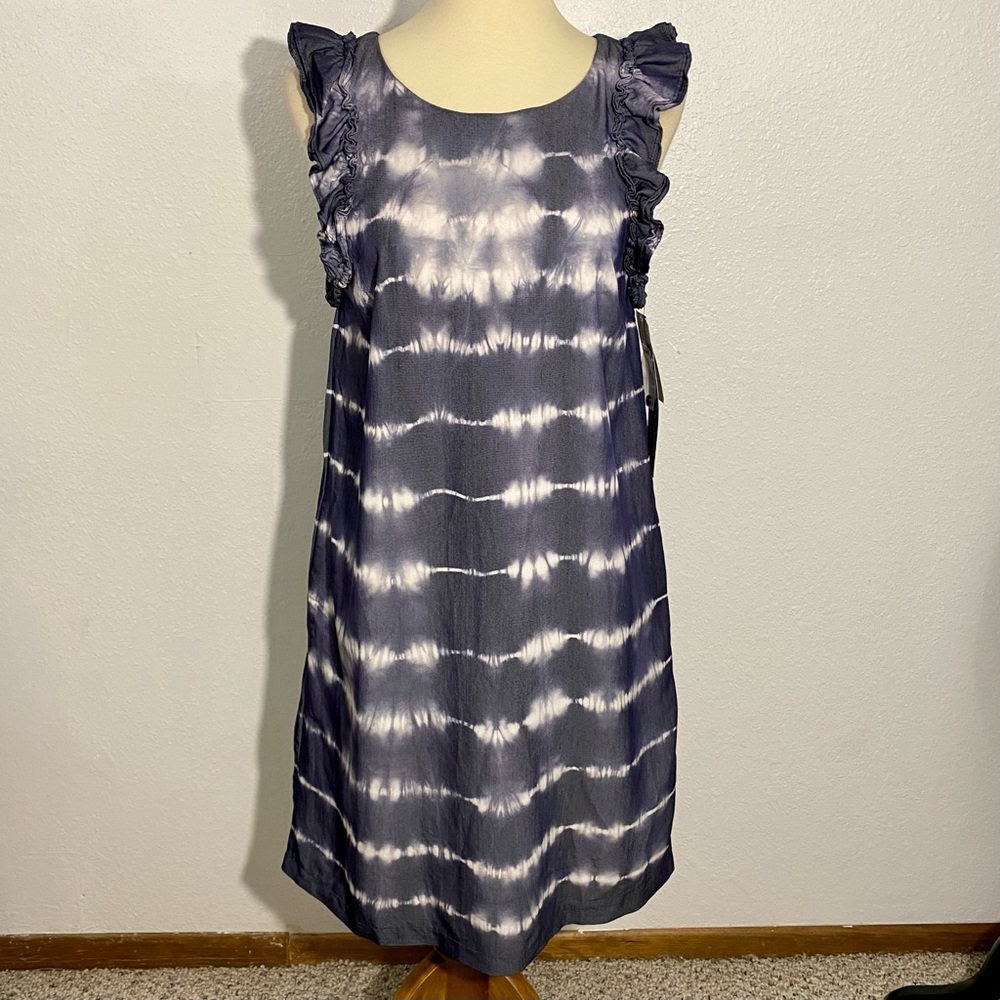 NEW Tribal Tie Dye Shift Dress Womenβs Size XS Blue White Sleeveless Ruffle